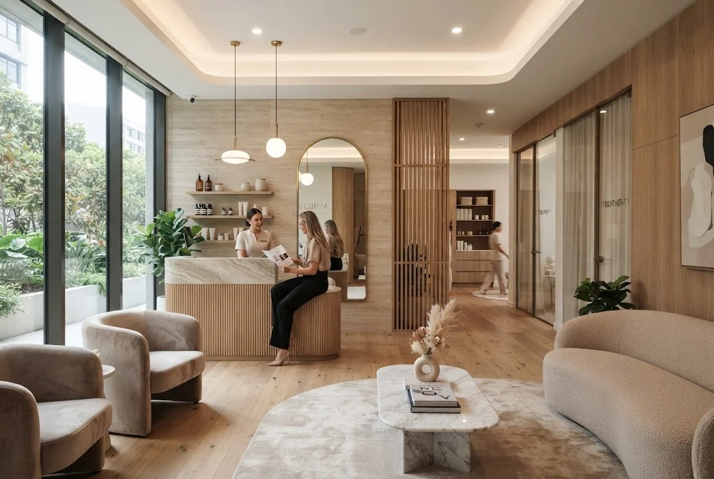 Modern beauty clinic interior with elegant reception seating treatment rooms and layered lighting