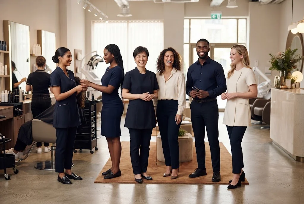 Beauty salon team wearing coordinated professional uniforms