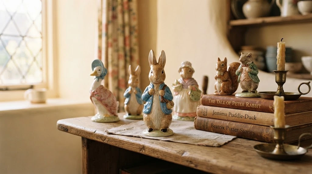 Beswick Peter Rabbit ceramic collectible figurines displayed on a vintage shelf