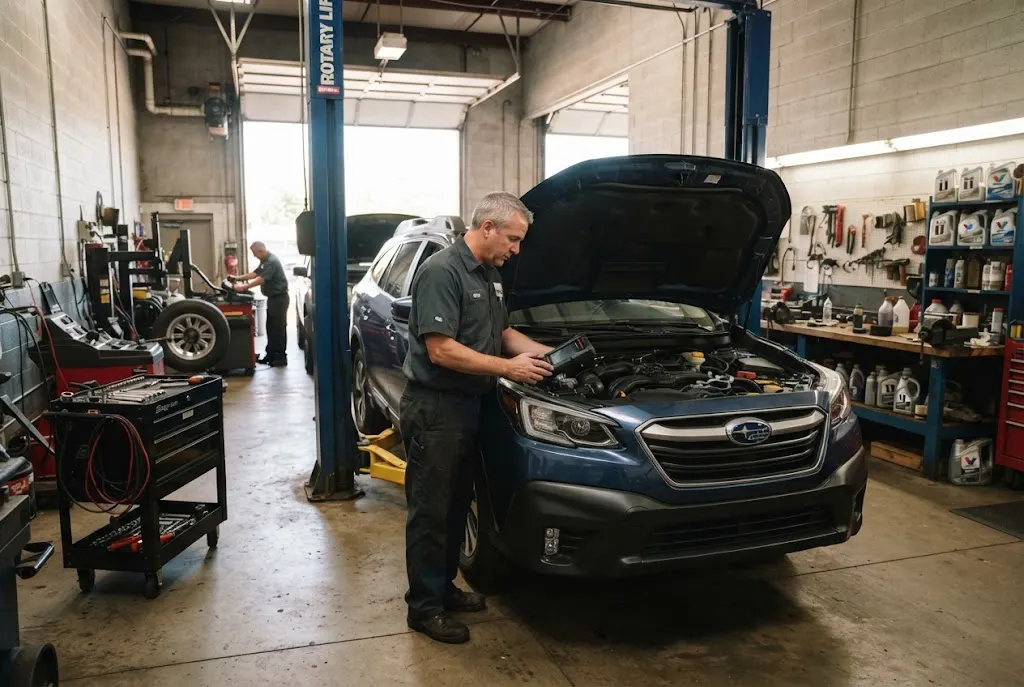 Technician inspecting a vehicle inside an independent auto repair shop