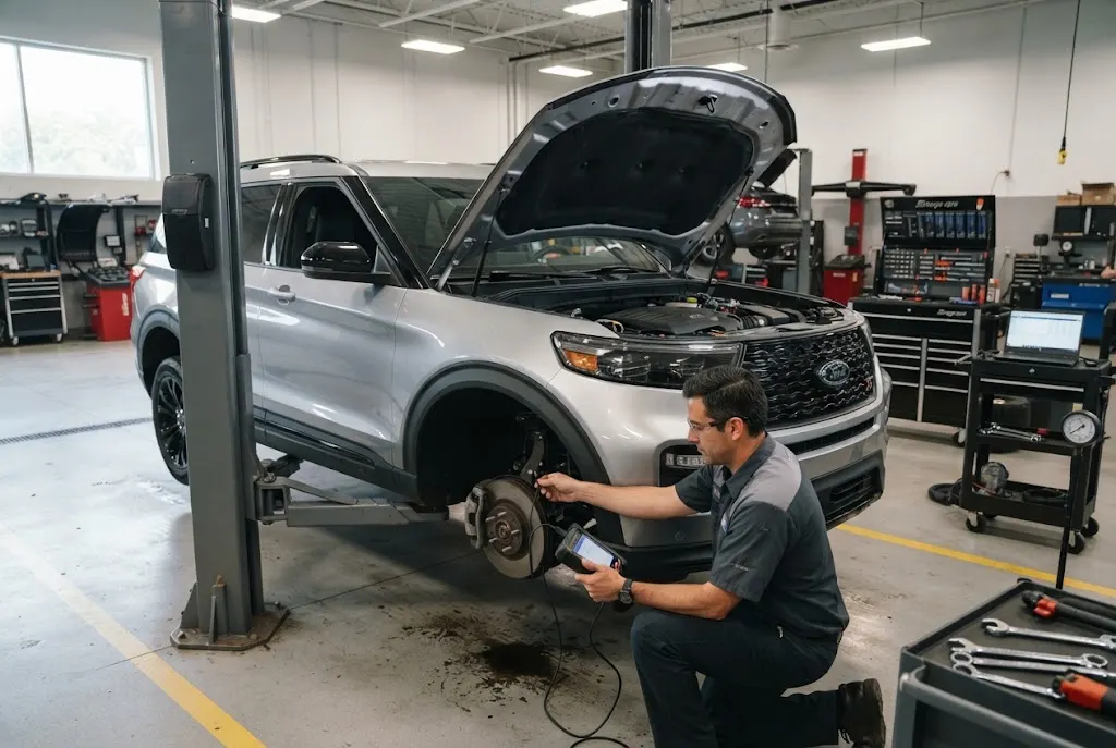 Technician inspecting a modern car during professional automotive maintenance
