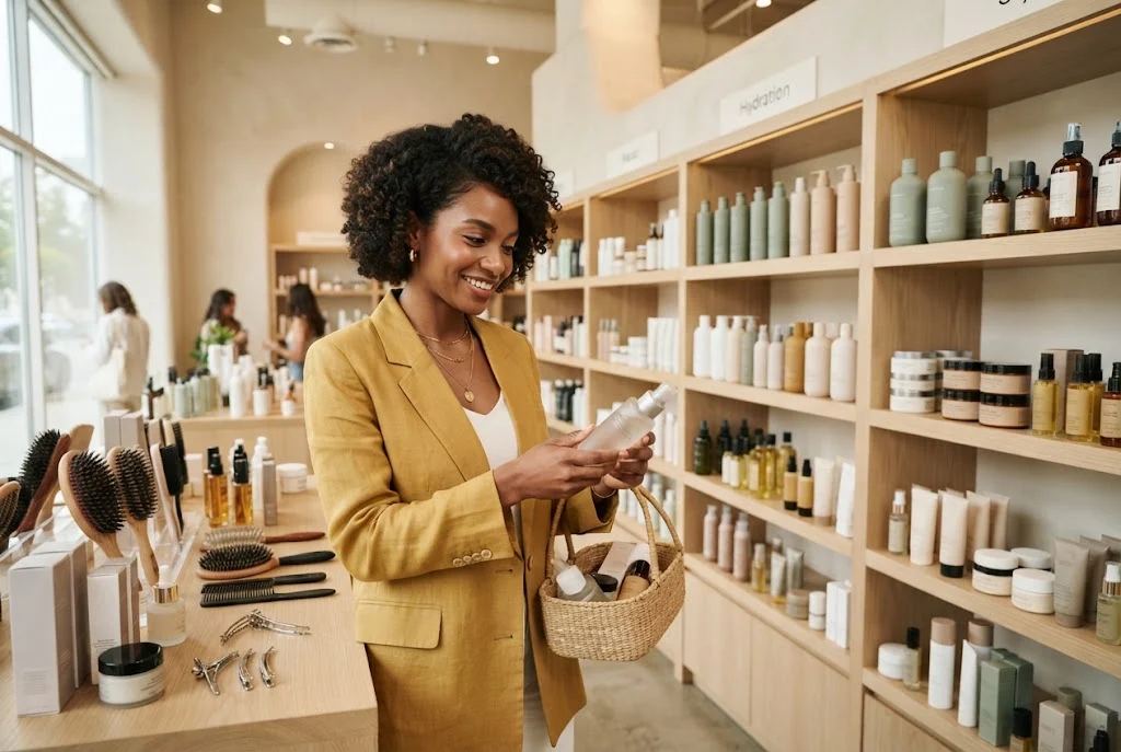 Haircare skincare and beauty essentials displayed in a modern beauty supply shopping scene