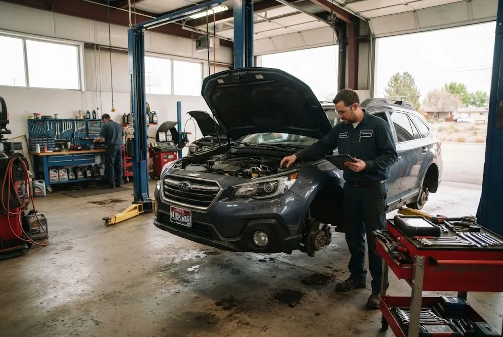 Technician inspecting a passenger vehicle inside an independent auto repair shop
