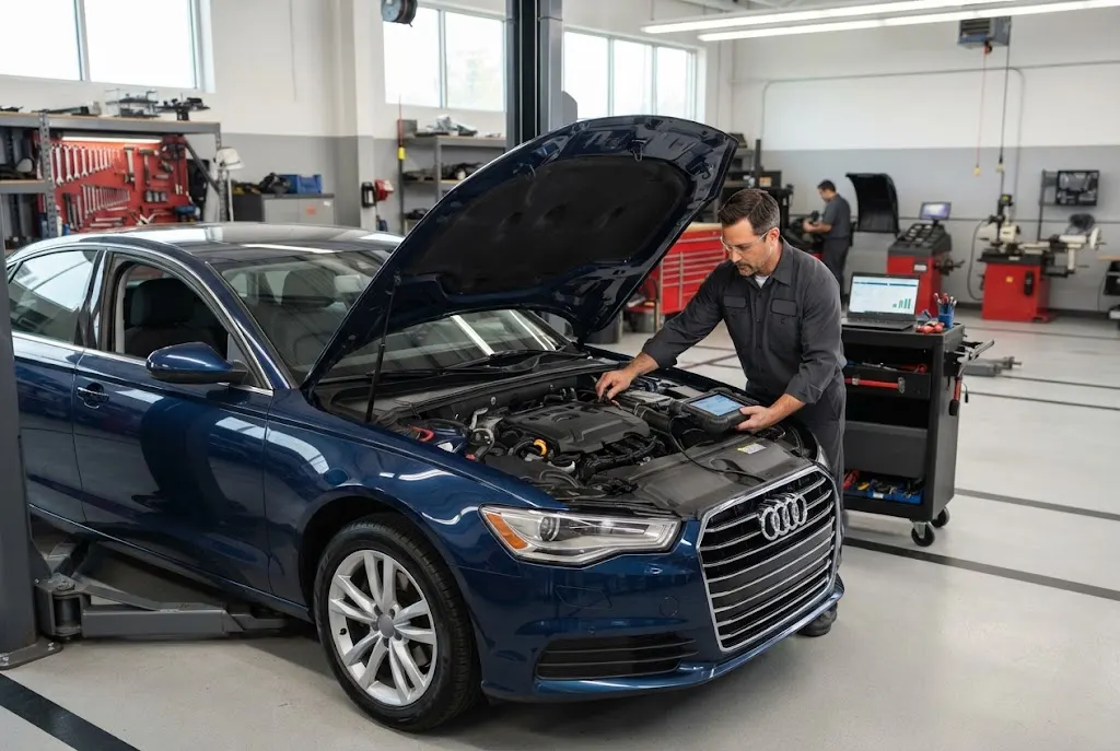 Technician performing vehicle diagnostics in a professional auto repair workshop