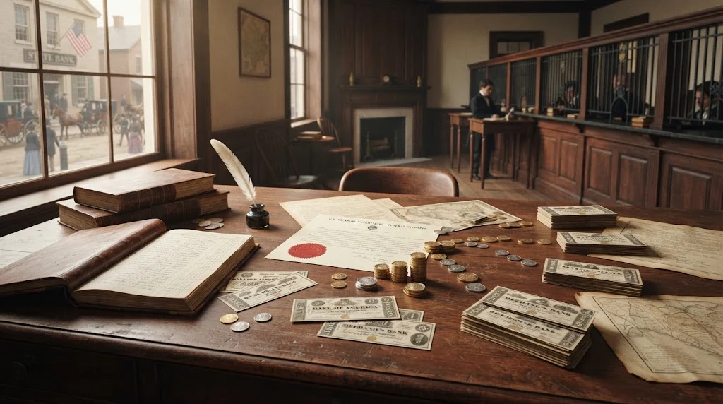Pet Banks APUSH definition represented by an early American banking scene