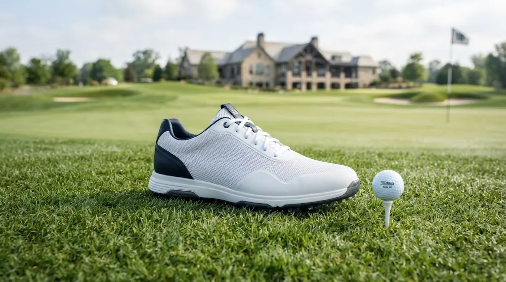 Peter Millar Glide V3 golf shoe on a modern golf course