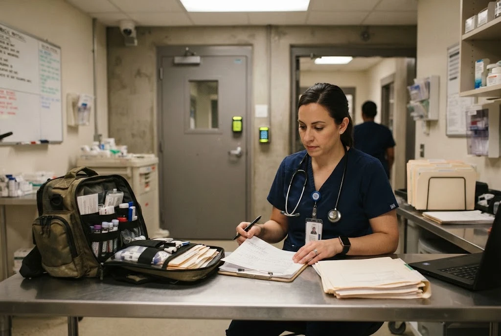Registered nurse preparing for a travel correctional nursing assignment
