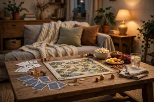 Family game night ideas — a board game, cards, dice and snacks on a wooden table in a cozy living room