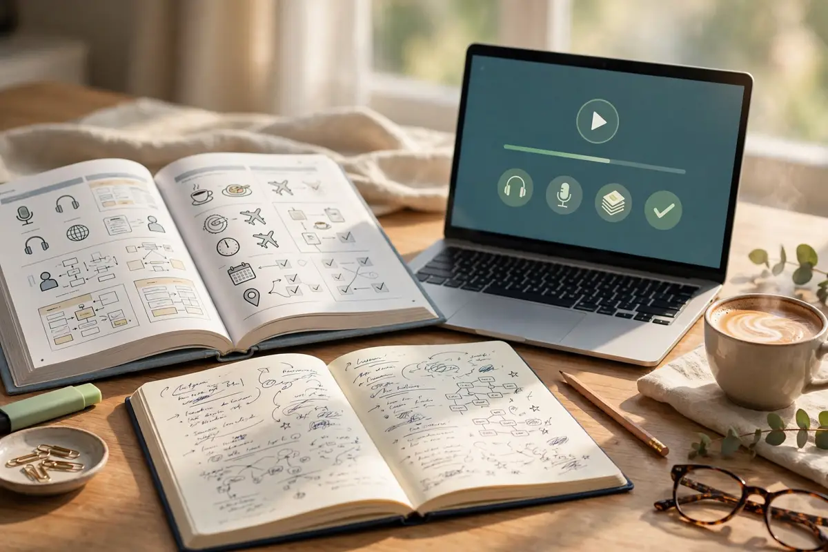 How to learn a new language as an adult — a language textbook, notebook, laptop lesson and coffee on a desk